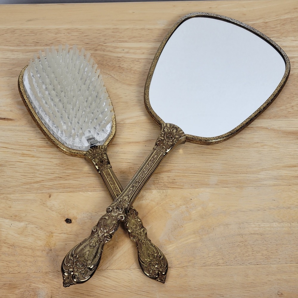 Hollywood Regency Antique Gold Gilt Mirror Brush Set Ornate Floral Mid Century